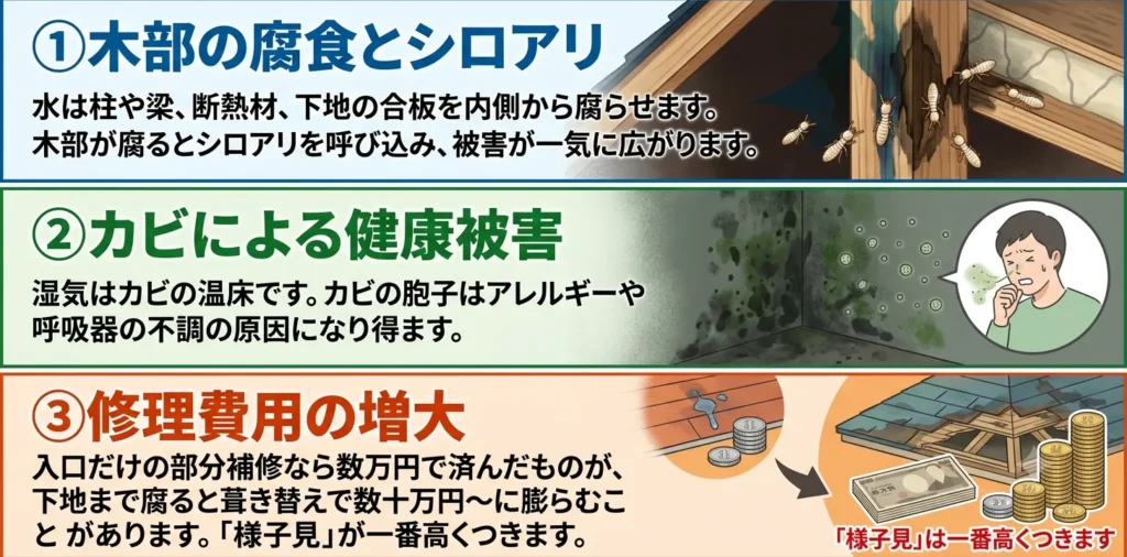 ① 建物そのものが傷む
水は柱や梁、断熱材、下地の合板を内側から腐らせます。木部が腐るとシロアリを呼び込み、被害が一気に広がります。
② 健康被害につながる
湿気はカビの温床です。カビの胞子はアレルギーや呼吸器の不調の原因になり得ます。
③ 修理費が高くなる
入口だけの部分補修なら数万円で済んだものが、下地まで腐ると葺き替えで数十万円〜に膨らむことがあります。「様子見」が一番高くつきます。